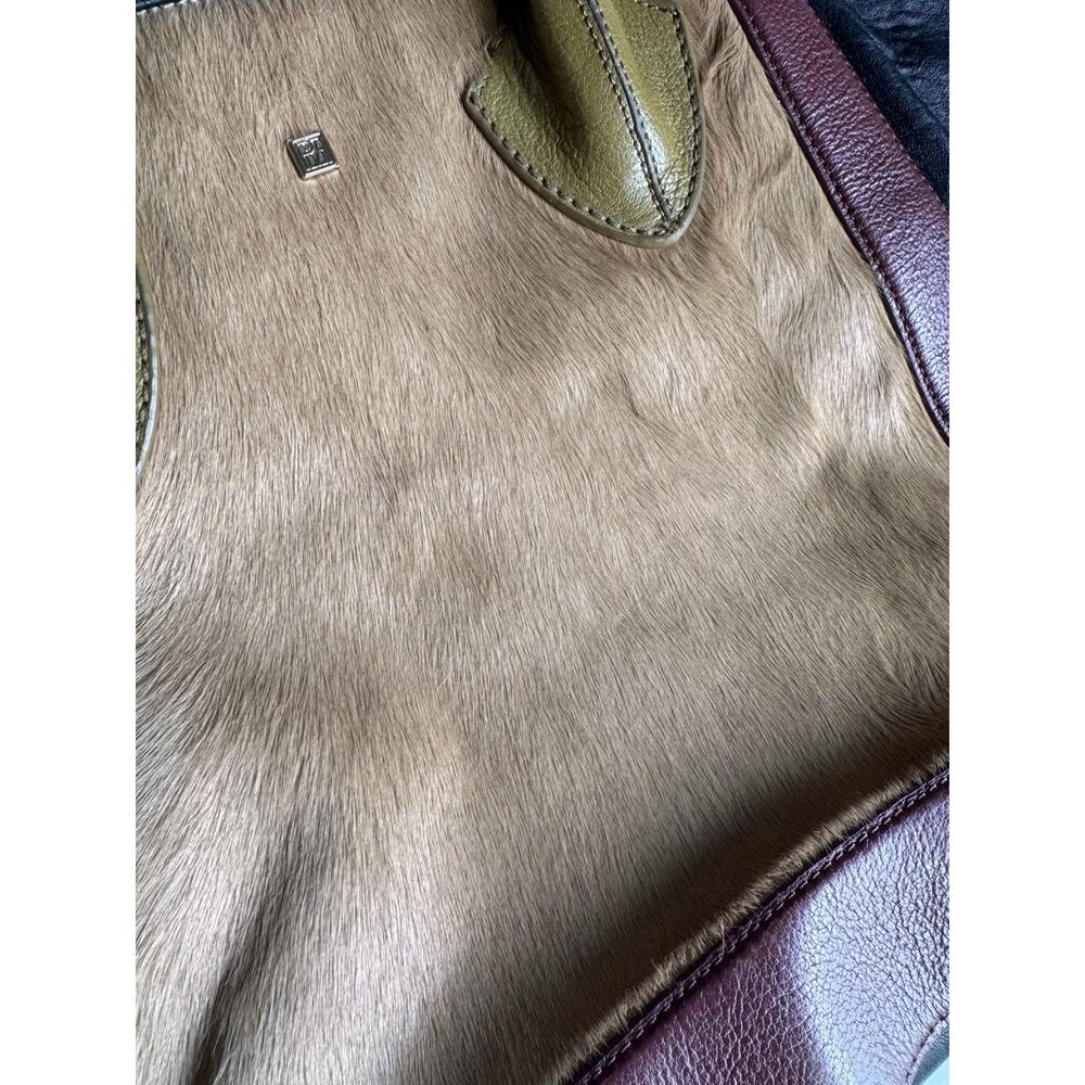 Pour La Victoire Calf Pony Hair Leather Colorblock Tote Bag Burgundy Black - Picture 3 of 13